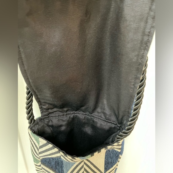 One of a kind fabric, clay, bead, tassel crossbody. Thick black braid-strap. - Picture 5 of 5